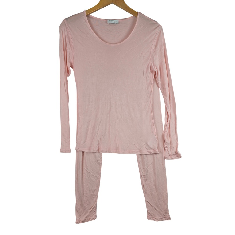 Grenasa Silk Pajamas Womens Medium Pink 100% Silk 2-Piece Long Sleeve Set